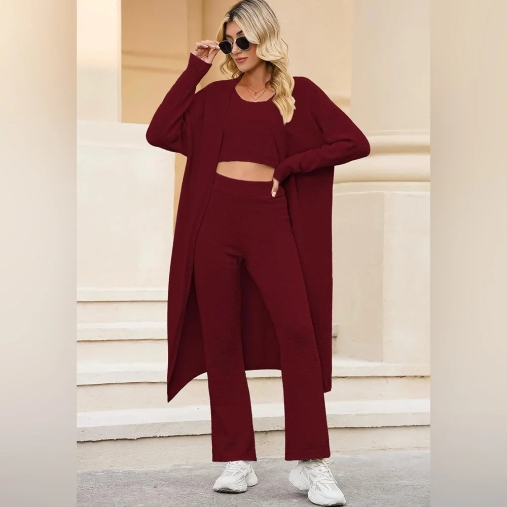 Red 3 Piece Knit Set - Sweater, Crop Tank & Wide Leg Pants Size XL